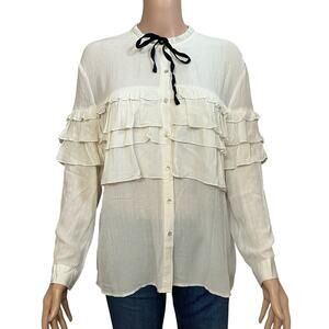 Zara TRF Ruffle Tied Neck Blouse Small Button Down Coquette Long Sleeve Cream